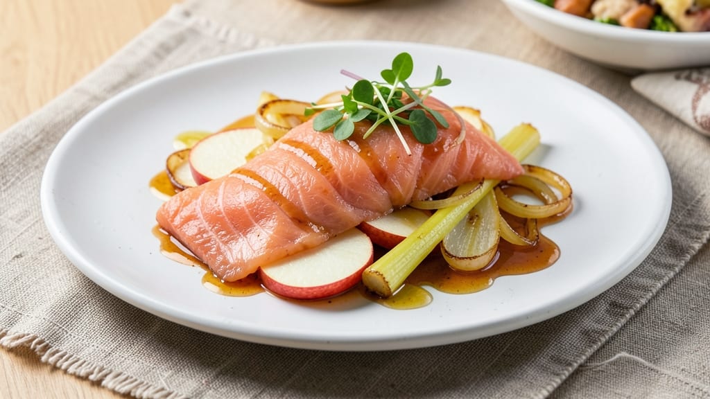 Apple Smoked Salmon Recipe: Crispy Celery and Sweet Apple Pan Sauce Pairing