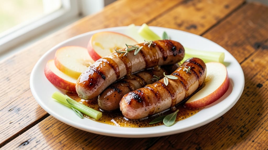 Smoked Apple Chardonnay Chicken Sausage Recipe: Celery-Crusted Sausage With Wine-Braised Apple Bites