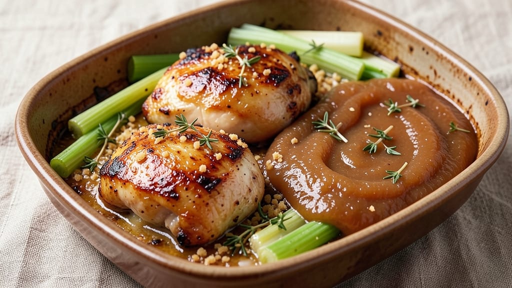 Chicken Apple Oven Recipe: Applesauce-Braised Tender Meat With Crisp Celery Topping